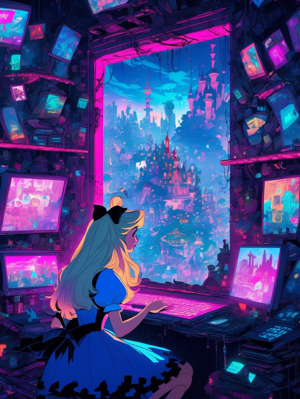 Disney Alice in Wonderland, hacking on a computer. Large window, cyberpunk cityscape.  