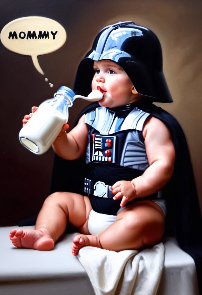 Oil painting of Baby wearing Darth Vader Helmet, sucking on a bottle of milk,  Speech bubble spells the word "MOMMY"