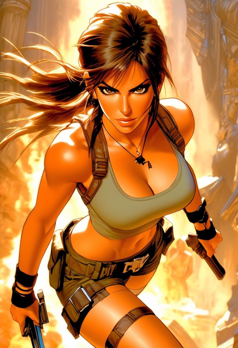 Anime artwork, Elizabeth Hurley as Lara Croft, Tomb Raider, hot pants, tank top, art by J.C. Leyendecker, anime style, key visual, vibrant, studio anime, highly detailed 