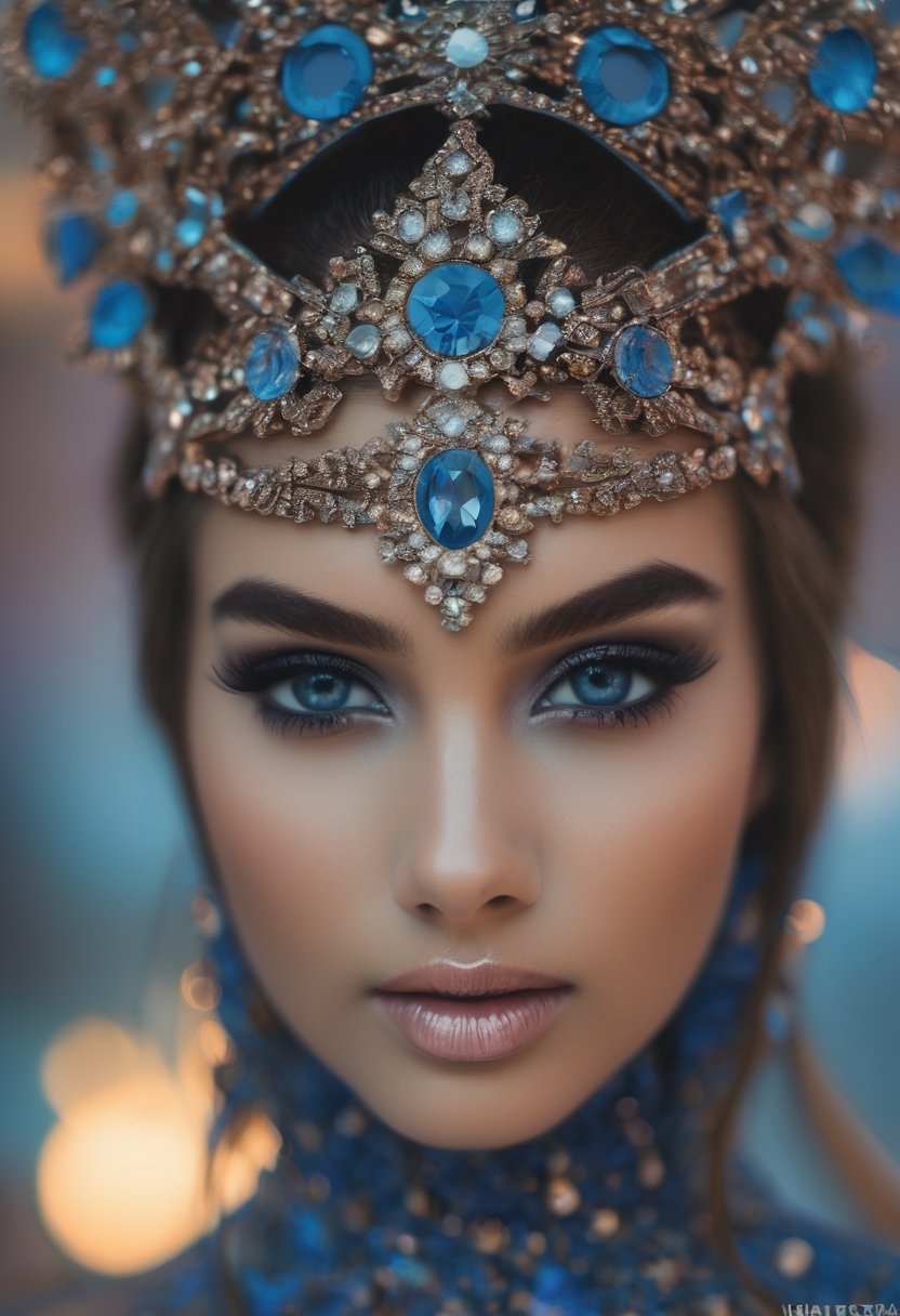 Extreme closeup photo of Miss Universe, 2024. 60s colors,  depth of field,  60s fantasy,  magical,  blue hour, big eyes