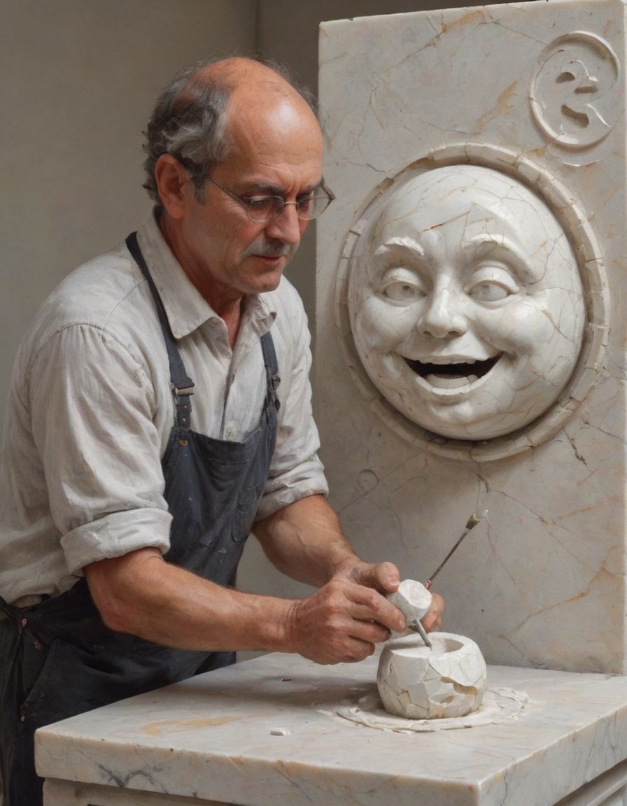 A sculptor chipping away at a emoticon made of marble,painting