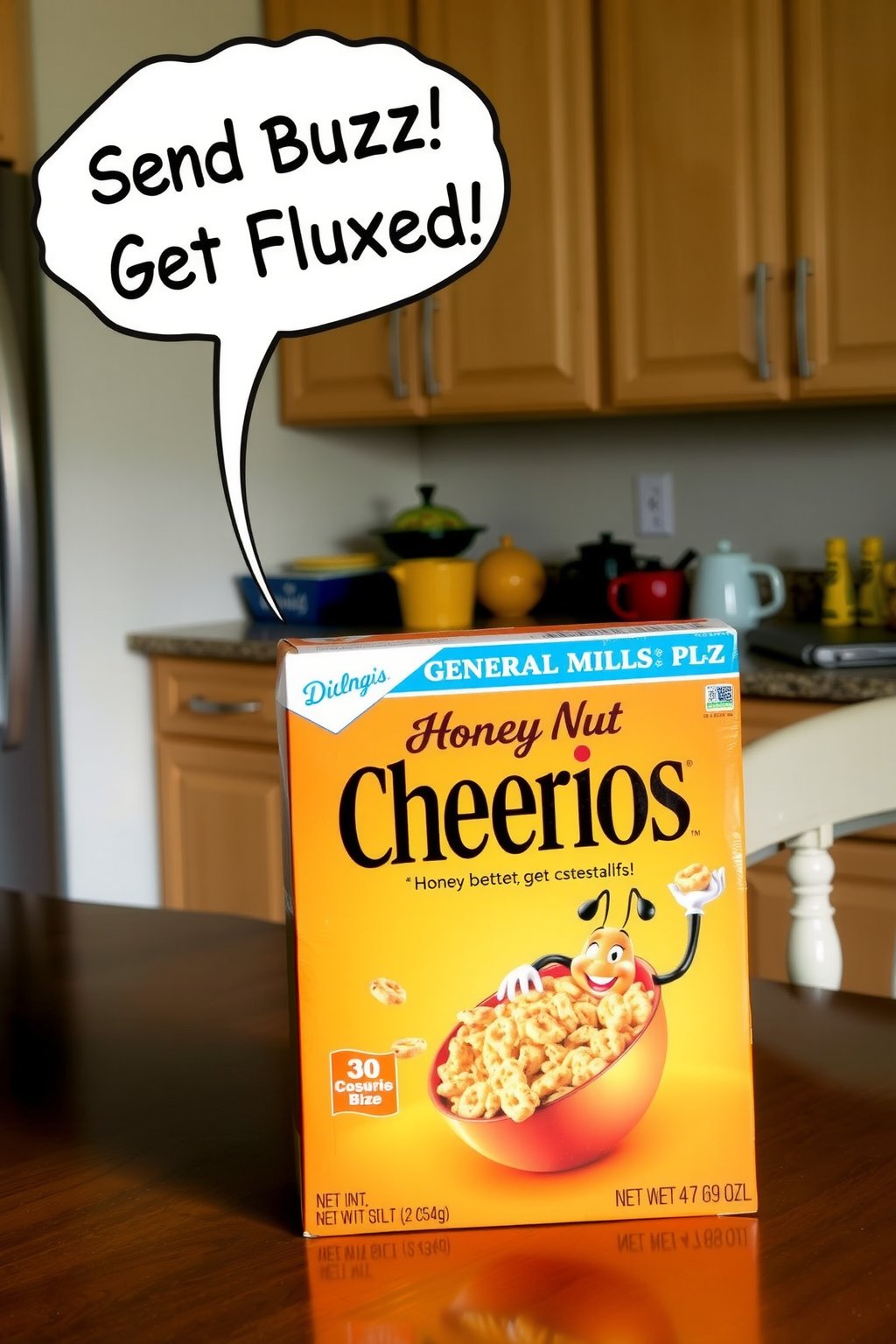 General Mills 'Honey Nut Cheerios' cereal box sitting on a kitchen table. The box is prominently displayed in the center of the table, featuring the iconic orange and yellow colors with the bee mascot and a bowl of Cheerios on the front. There is a speech bubbled that say 'Send Buzz!  Get Fluxed!'