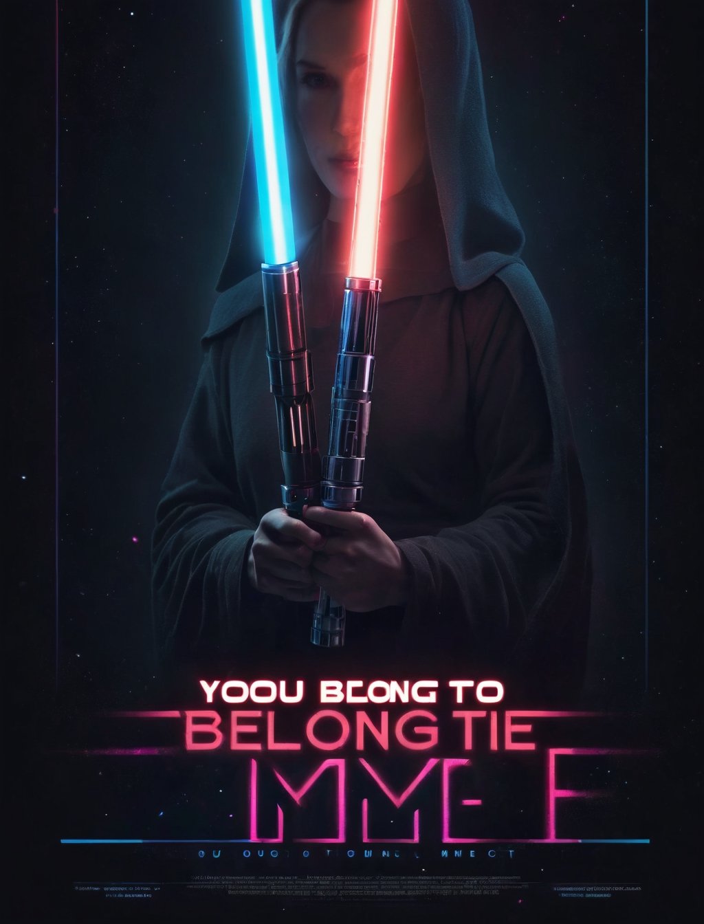 Movie Poster "You belong to me", lightsaber, 8k,  cinematic,  bright light. text logo "You belong to me"