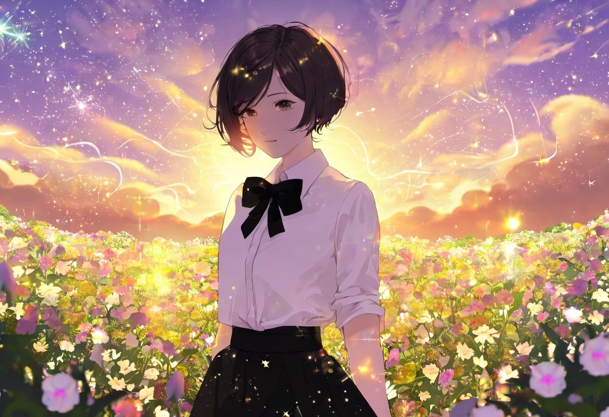 Woman, short hair, dressed in a white shirt and a black skirt, standing in a field of flowers., black bow tie and has a flower in her hair. sunset, golden hour,  cloudy sky, light particle, sparkle