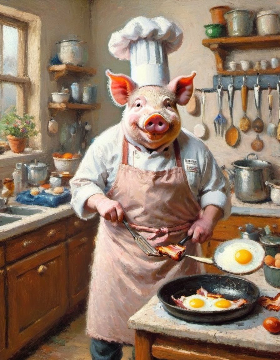 A pig, wearing a chef's hat and apron, skillfully (frying bacon) and eggs in a sizzling pan. The pig is standing in a well-equipped kitchen with a smiling face, showcasing its culinary skills. The background features a cluttered countertop with various utensils and ingredients, adding to the charming atmosphere of the scene.,impressionist painting