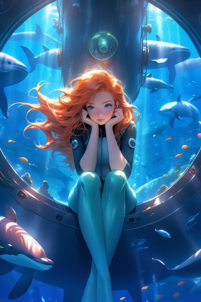 anime artwork, Woman, ginger hair, sitting beside a large port hole, inside a submarine, underwater scene, whales, anime style, key visual, vibrant, studio anime, highly detailed
