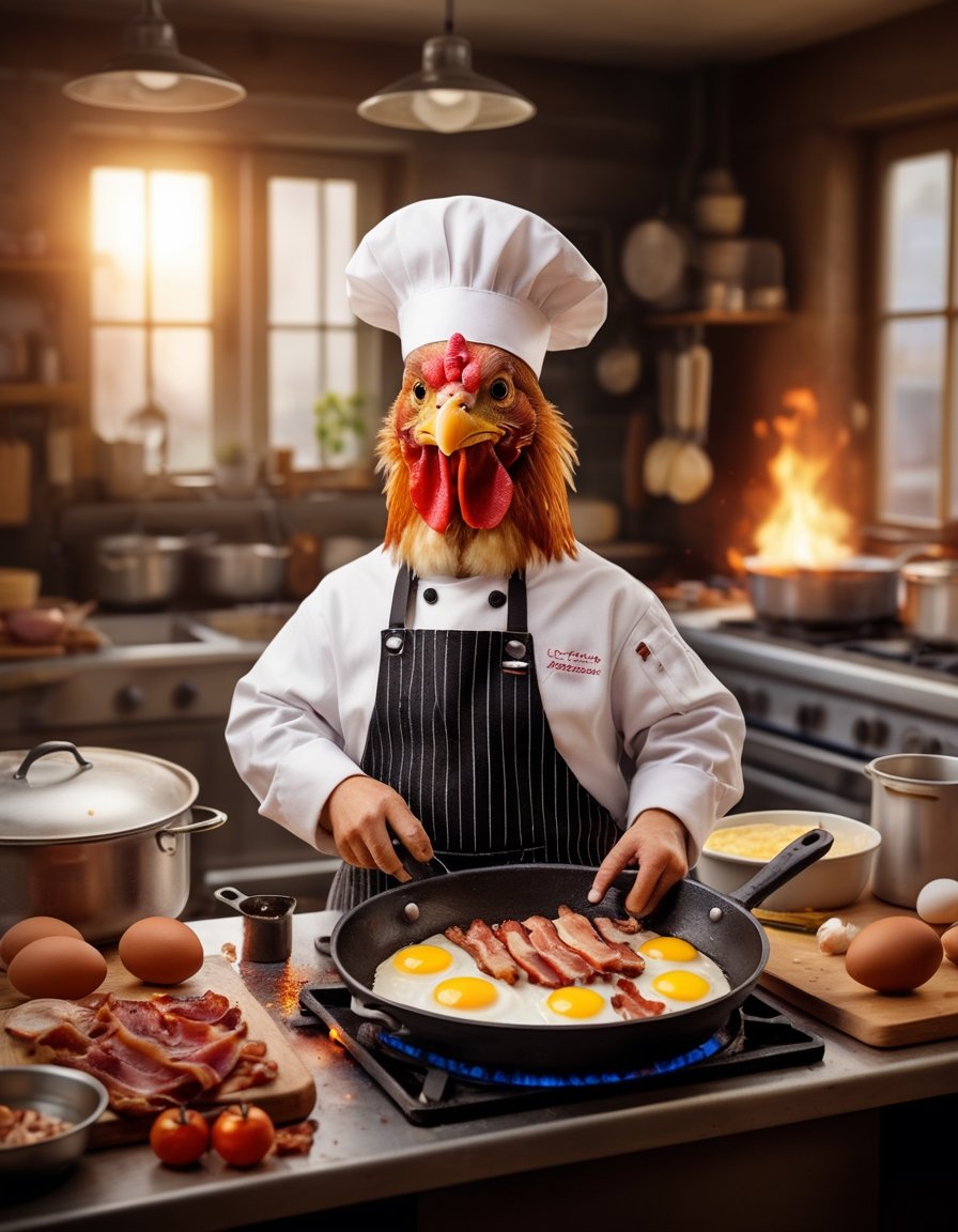 A chicken, wearing a chef's hat and apron, skillfully (frying bacon) and eggs in a sizzling pan. The chicken is standing in a well-equipped kitchen with a smiling face, showcasing its culinary skills. The background features a cluttered countertop with various utensils and ingredients, adding to the charming atmosphere of the scene.