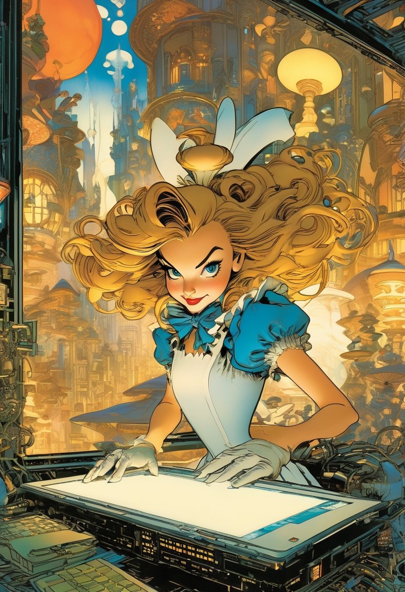 Disney Alice in Wonderland, hacking on a computer. Large window, cyberpunk cityscape, art by Masamune Shirow, art by J.C. Leyendecker 