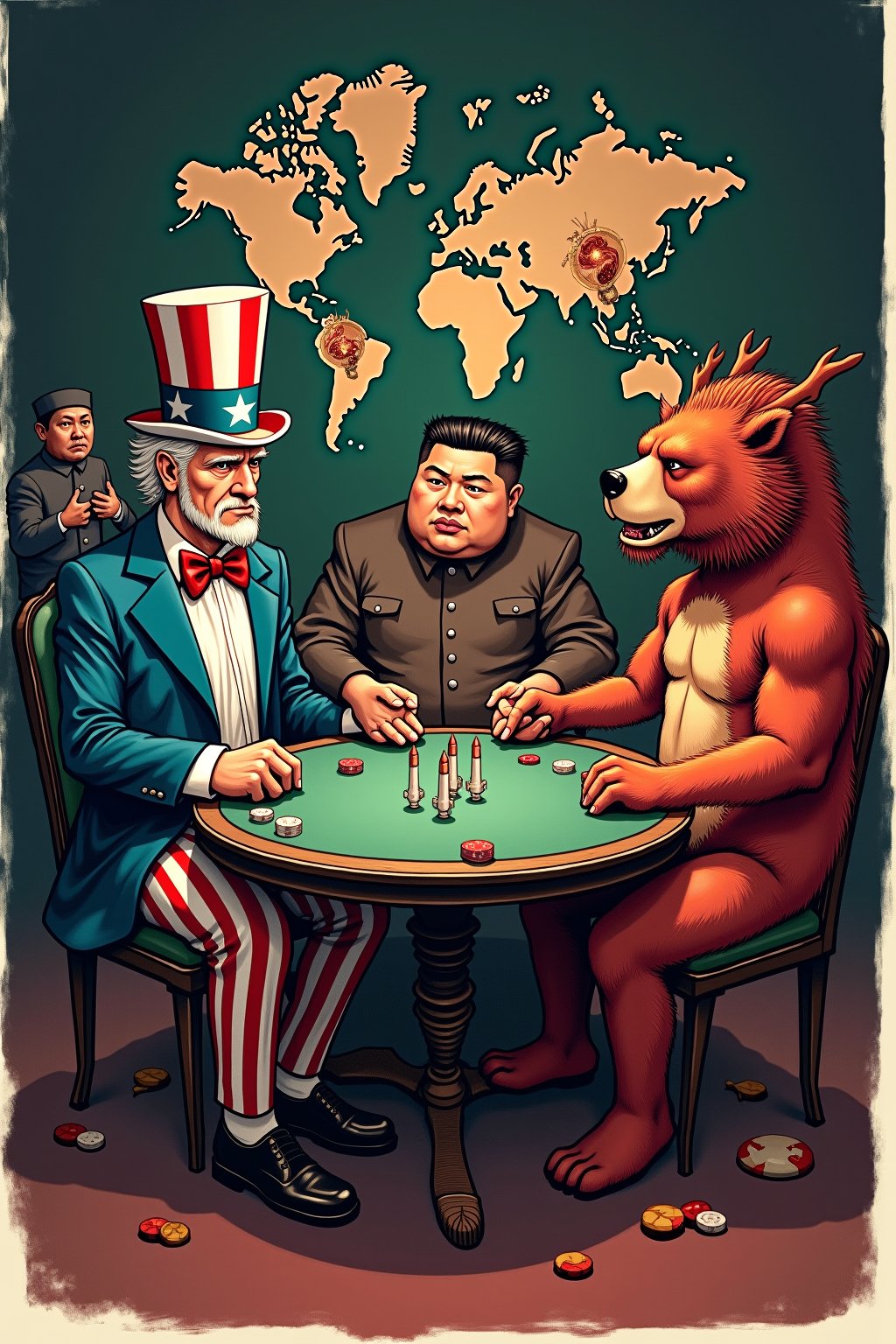 Create a satirical and symbolic illustration titled 'Nuclear Poker,' featuring Uncle Sam, a large bear (representing Russia), and a dragon (representing China) seated around a poker table. They are engaged in an intense game, with miniature missiles in the center of the table as their stakes. Uncle Sam is wearing his iconic red, white, and blue outfit, the bear is hulking and serious, and the dragon is poised and watchful. In the background, a Mullah and Kim Jong Un are depicted humorously as childlike figures, running around the scene in a chaotic, playful manner, adding an element of absurdity. The setting is a dark, moody room, with a world map or nuclear warning signs subtly placed in the background. The overall tone should blend humor, symbolism, and geopolitical commentary