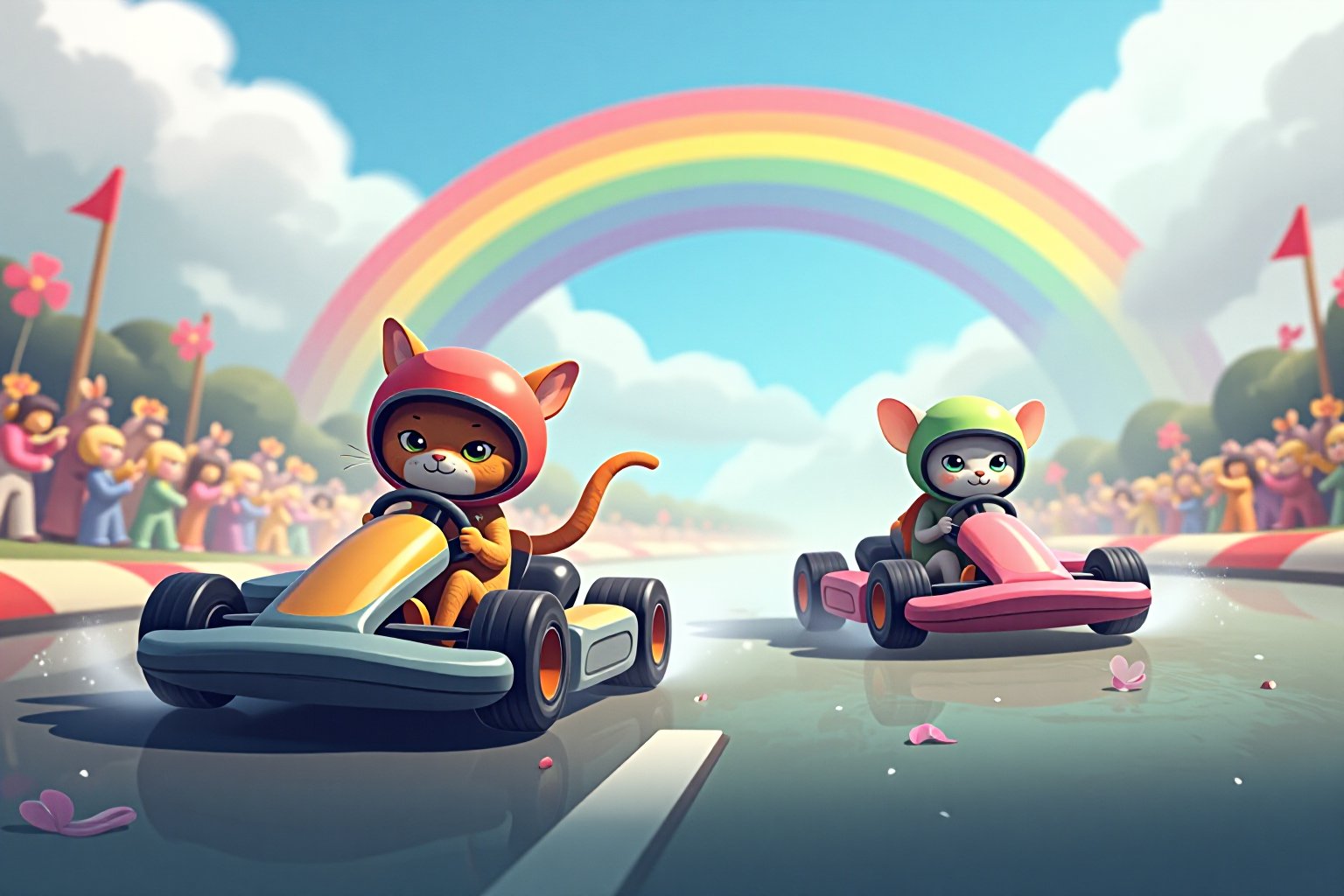 Dreamy art. Two go-karts on a colorful winding track. The kart on the left is driven by a cat, wearing a red helmet, focused and determined, steers its kart. The kart on the right is driven by a mouse, wearing a green helmet, equally concentrated, speeds alongside. The track is filled with playful obstacles and surrounded by cheering spectators, capturing the excitement of this whimsical race.  There is a big rainbow in the sky. surrounded by a misty color palette of translucent blues, pale grays, and ethereal silvers, contrasting with hints of faded lavender and soft ghost green