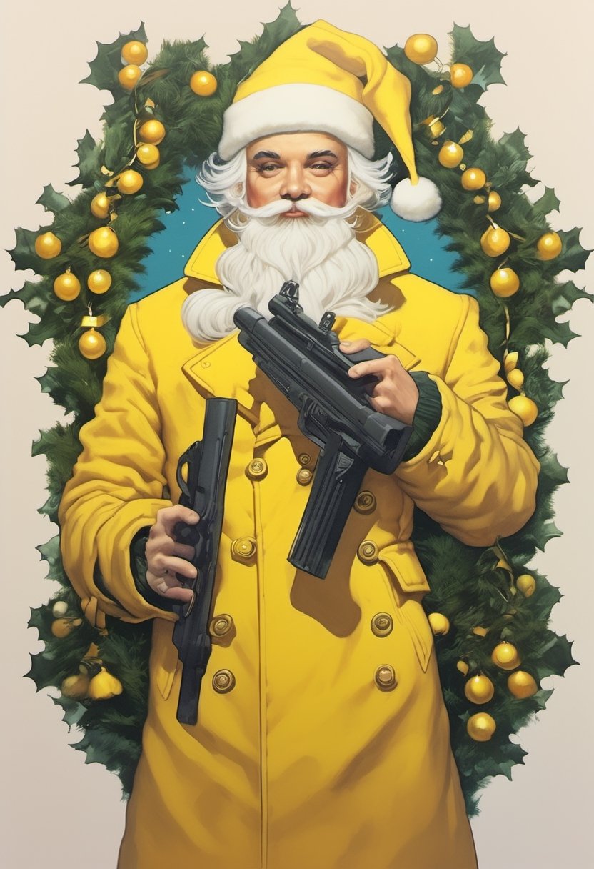 1man, white hair, yellow coat, yellow Santa hat, holding machine gun, mistletoe decoration, masterpiece, best quality, dreamwave, aesthetic,