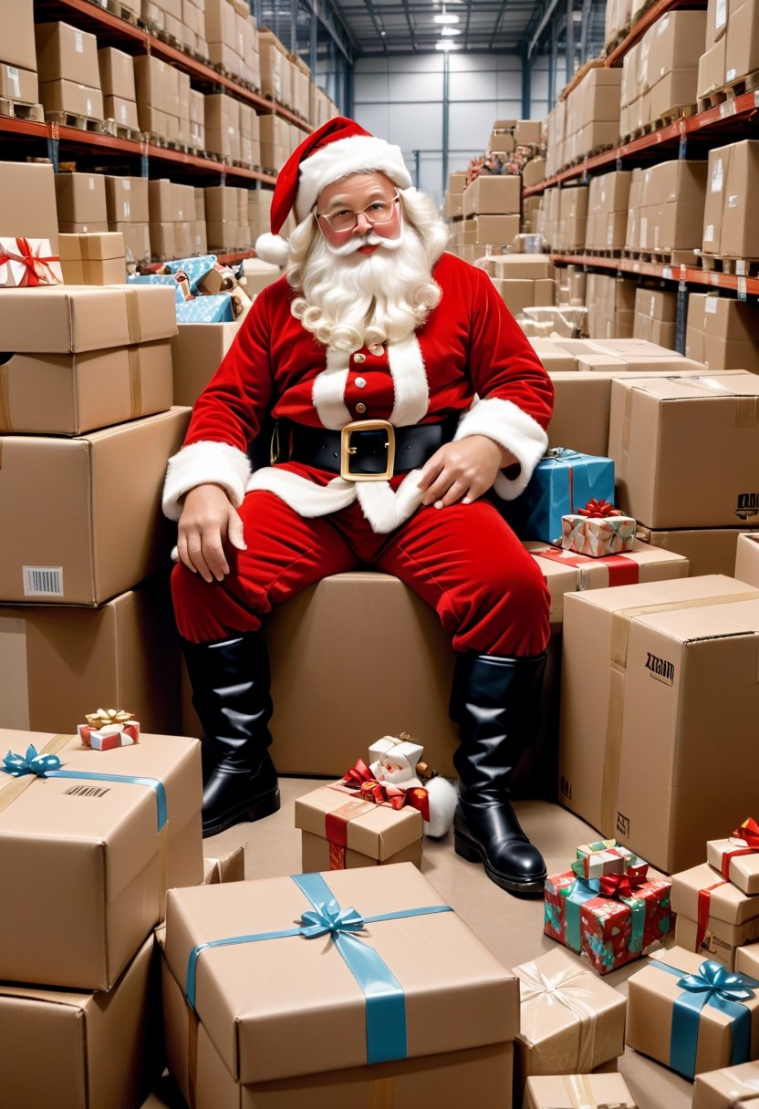 Photo a Santa Claus working at a Amazon warehouse, pile of toys behind him, art by J.C. Leyendecker, Canon 5d Mark 4, Kodak Ektar