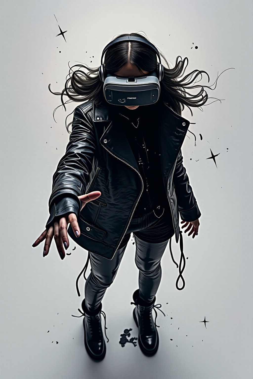 dreamy art. Overhead shot of a Woman in Black Cyberpunk leather jacket and boots, VR Headset, with her right hand reaching out toward viewer,