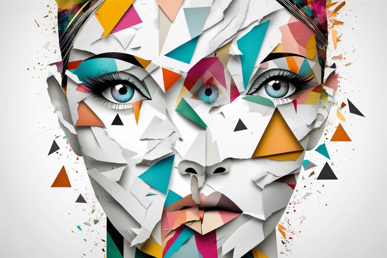 An abstract representation of a woman's face, with geometric shapes and torn, colorful paper, focusing on her vivid eyes. symmetrical face