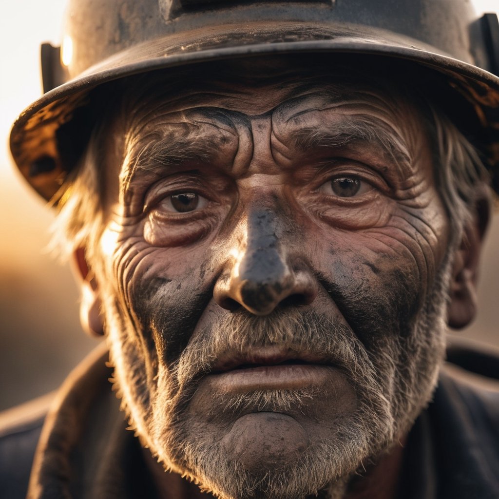 An extreme closeup shot of an old coal miner, and face illuminated by the golden hour