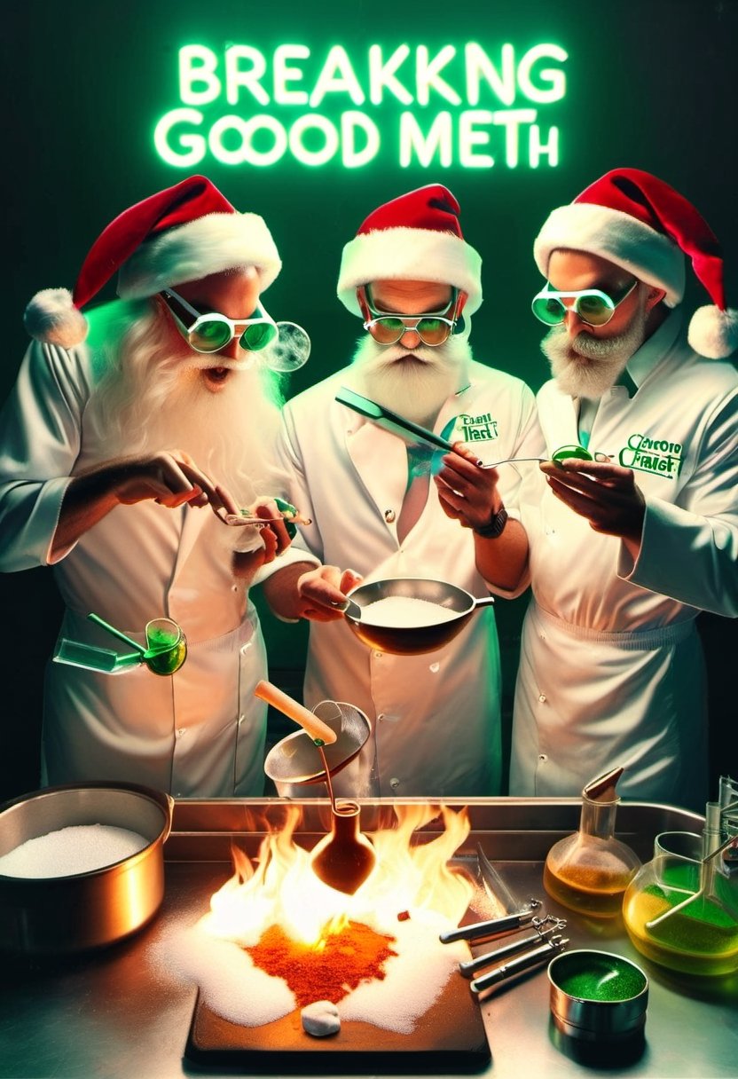 TEXT LOGO "Breaking Good" Photo Santa Clause and Elves cooking meth in a lab,  wearing chemist goggles,  art by J.C. Leyendecker,  Canon 5d Mark 4,  Kodak Ektar,  neon light,TEXT LOGO,none