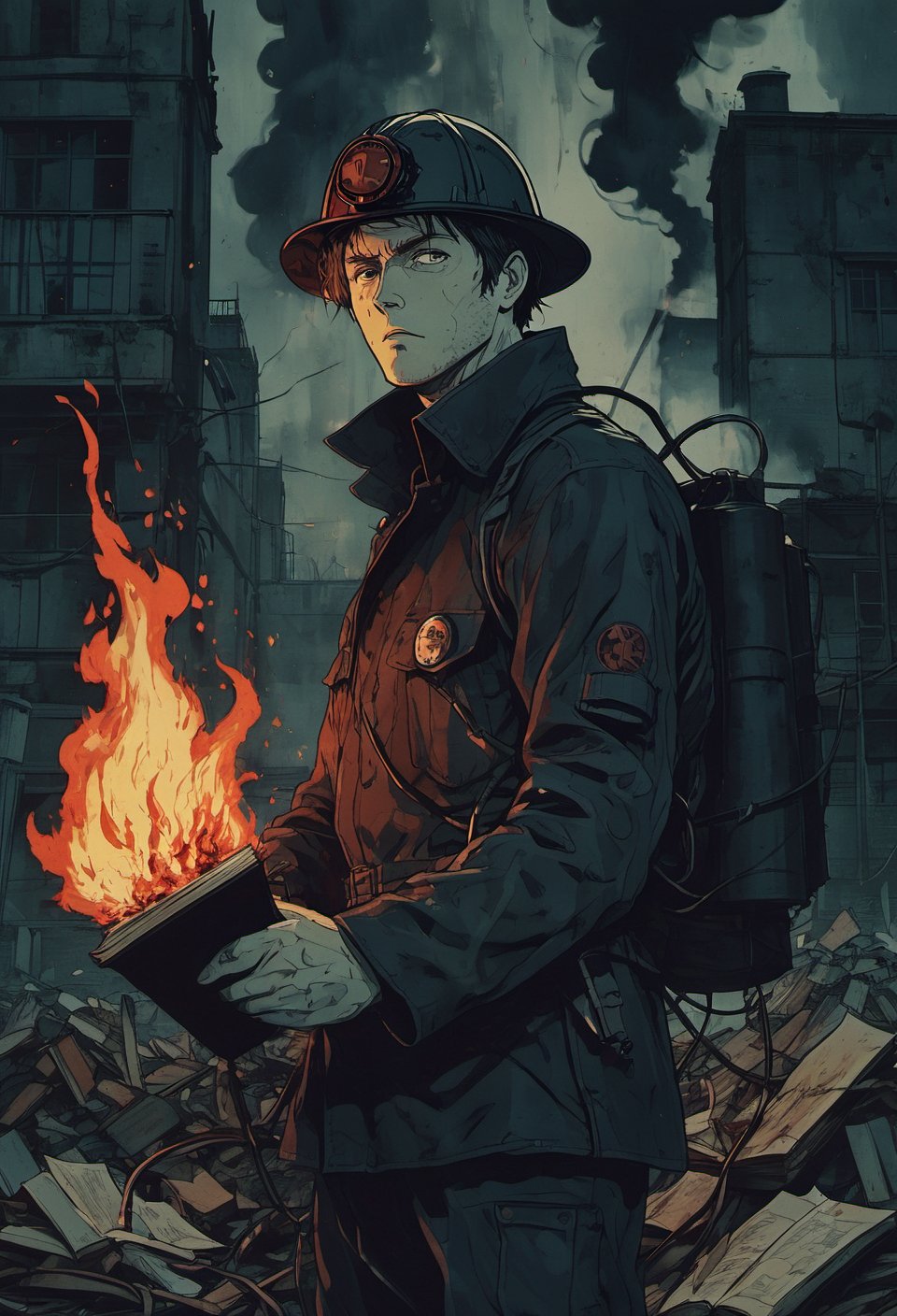 Dark anime.  A fireman, Guy Guy Montag from Fahrenheit 451, torching a pile of books with a flame thrower.