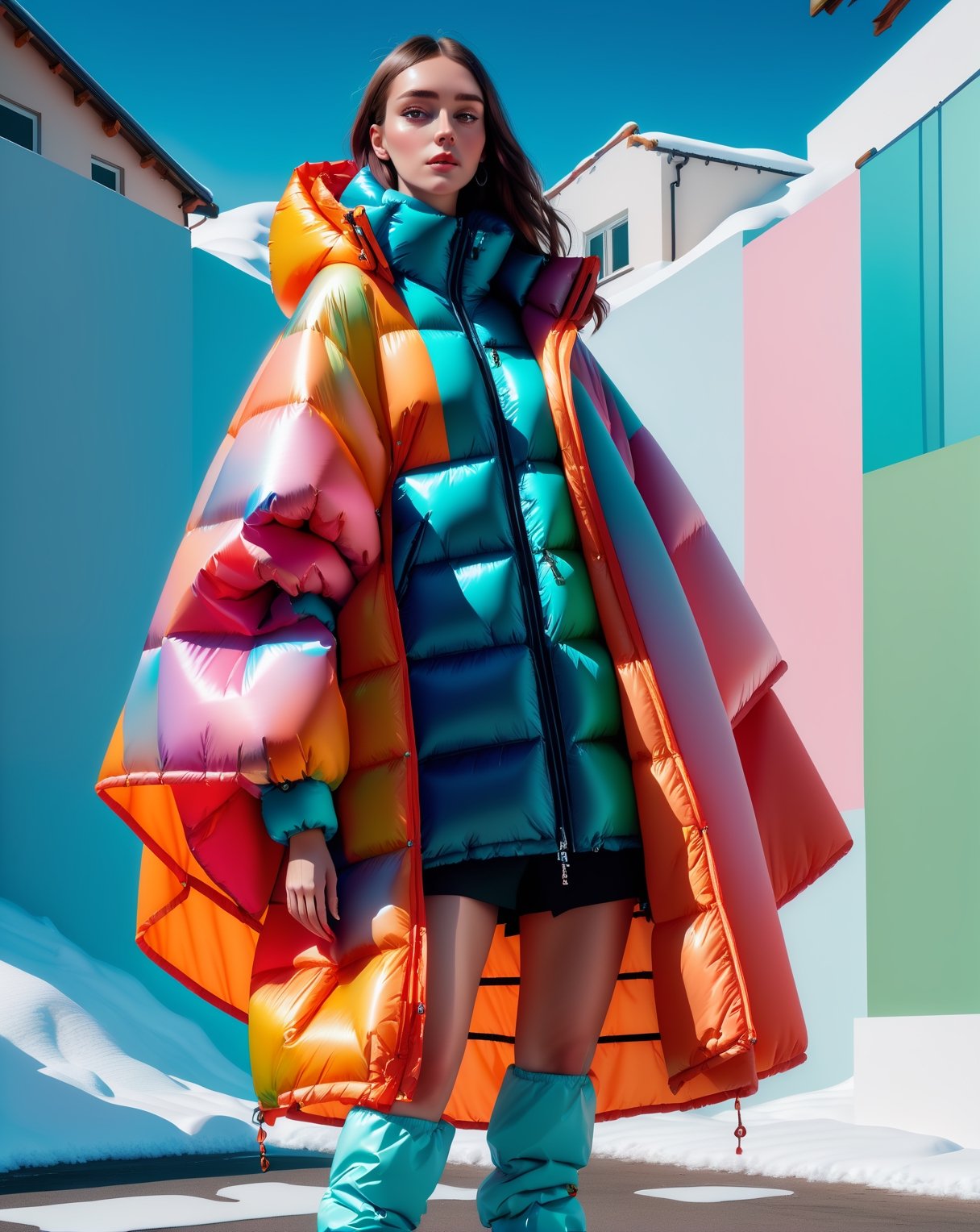 a woman wearing a poncho oversized puffer jacket, inspired by OffWhite, tumblr, inspired by Yanjun Cheng style, digital art, lofi girl internet meme, trending on dezeen, catalog photo, 3d render beeple, rhads and lois van baarle, bright vibrant colors, a beautiful artwork illustration ,art by mooncryptowow