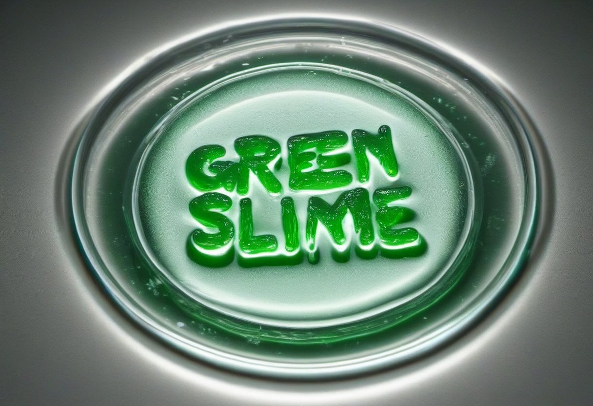 Text Logo "GREEN SLIME" Photo of transparent green slime in a petri dish