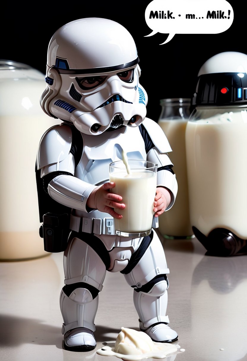 Baby Finn in Stormtrooper uniform, drinking milk ,  Comic strip speech bubble "MILK!". 