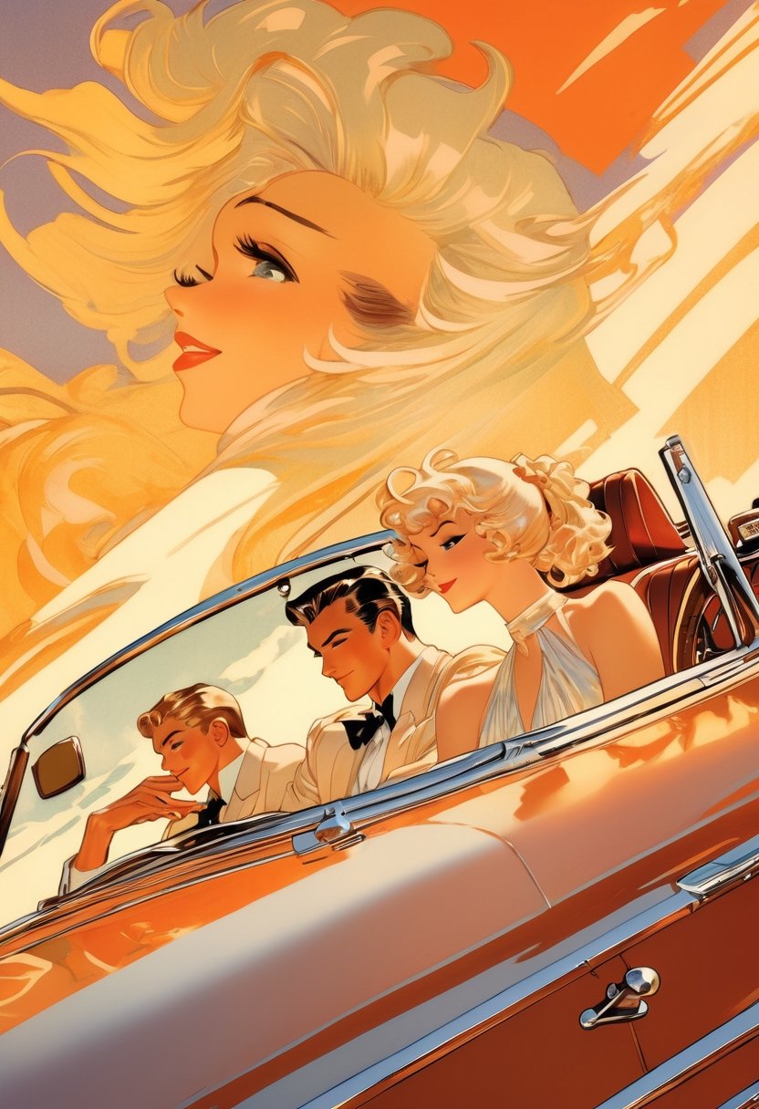 Anime artwork. Couple crusing in a convertible,  art by J.C. Leyendecker, anime style, key visual, vibrant, studio anime,  highly detailed