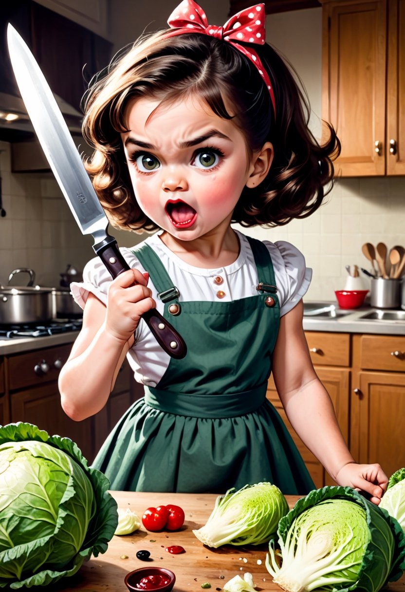 A baby girl 4 years old,  Fierce,  vintage,  2d,  pin-up,  ink,  watercolor,  mail art,  best quality,  kitchen room,  fierce cooking,  Comic strip speech bubble spells the word "FUCK". close up mad young Fierce housewife with big knife furiously attacks a head of cabbage