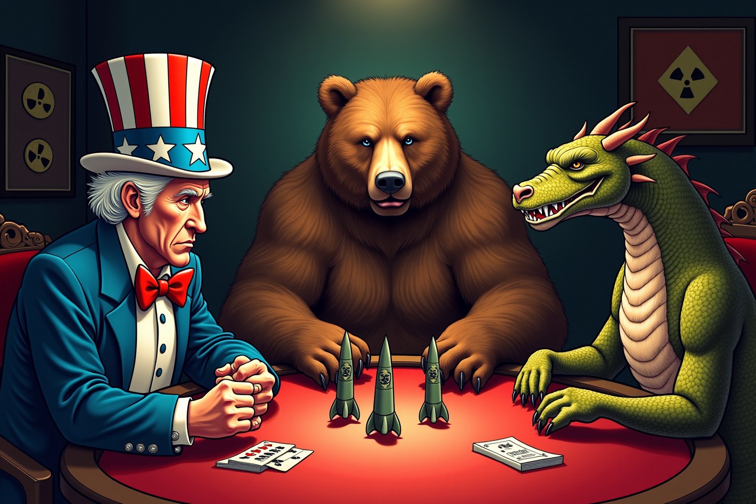 Create a satirical and symbolic illustration titled 'Nuclear Poker,' featuring Uncle Sam, a large bear (representing Russia), and a dragon (representing China) seated around a poker table. They are engaged in an intense game, with miniature missiles in the center of the table as their stakes. Uncle Sam is wearing his iconic red, white, and blue outfit, the bear is hulking and serious, and the dragon is poised and watchful. The setting is a dark, moody room, with a world map or nuclear warning signs subtly placed in the background. The overall tone should blend humor, symbolism, and geopolitical commentary