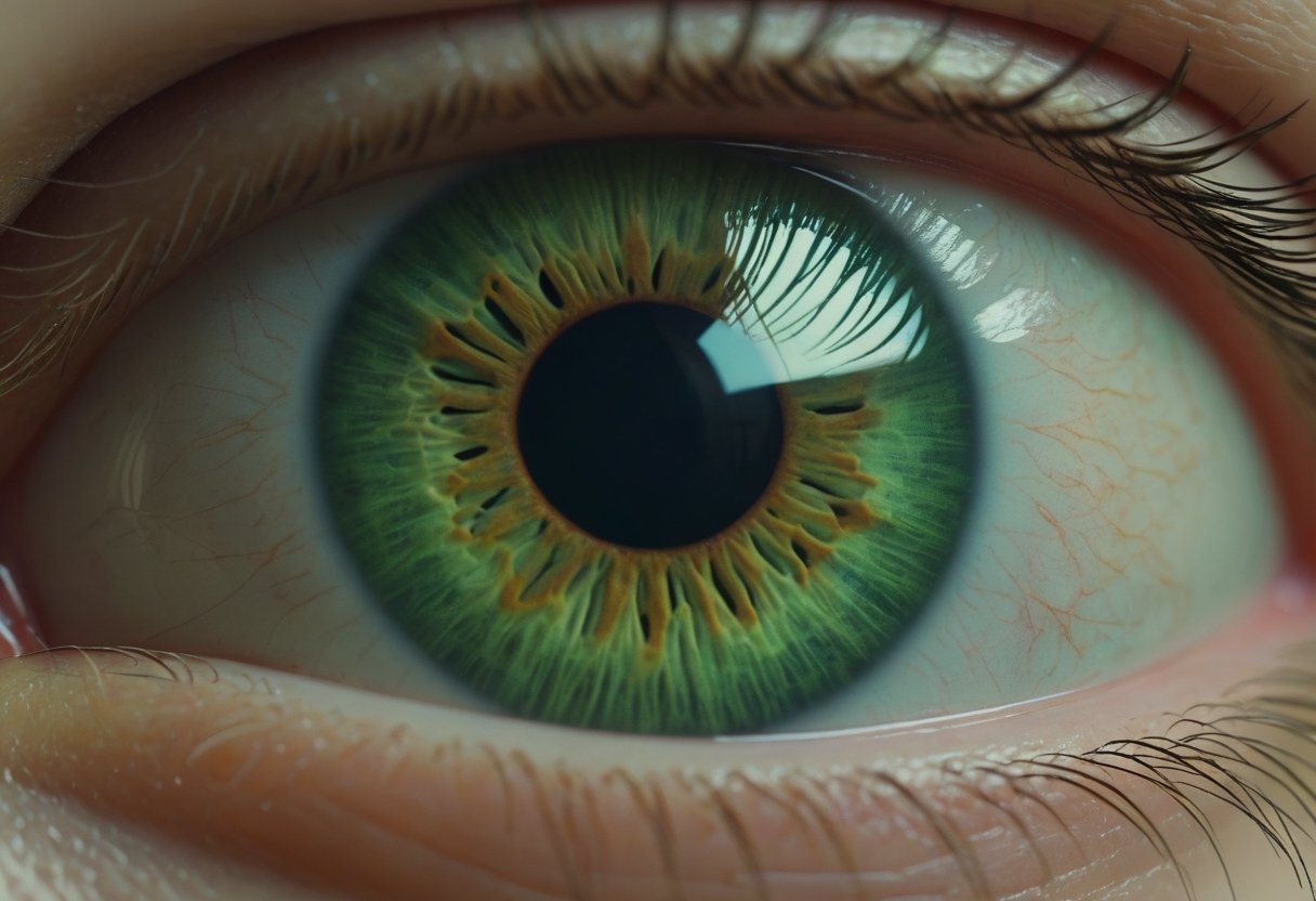 Close shot of an eye with an open pupil, very detailed, texture, green light, 16K