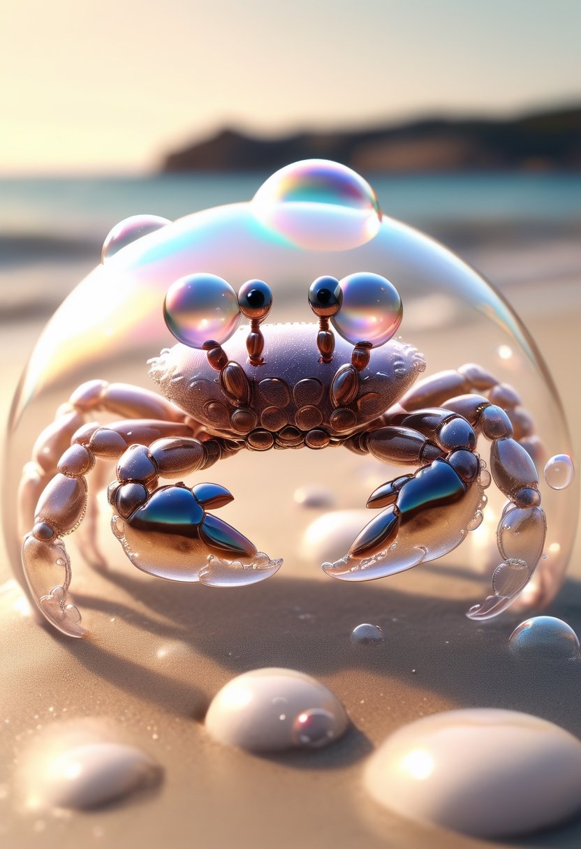 photorealistic fully transparent unusual crab completely made of soap bubbles, highly detailed, on the beach in front of the ocean, perfectly renderedLora: Aether_Bubbles_And_Foam_v1_SDXL_LoRA", "weight": 0.62