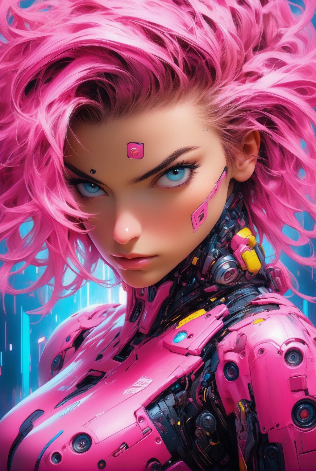 mid length of A gorgeous young European woman in pink cyberpunk suit, in mecha cyber suit, pink shiny hair, gorgeous blue eyes, straight pose, standing pose, calm and  style, perfect proportions, in the style of Suehiro maruo,  etam cru, irene sheri, punctured canvases, (Realistic), masterpiece, best quality, cinematic lighting, natural shadow, highest detail, professional photography, detailed background, insane details, intricate, aesthetic, subsurface scattering, dark tones, in the style of pink, yellow and black tones       