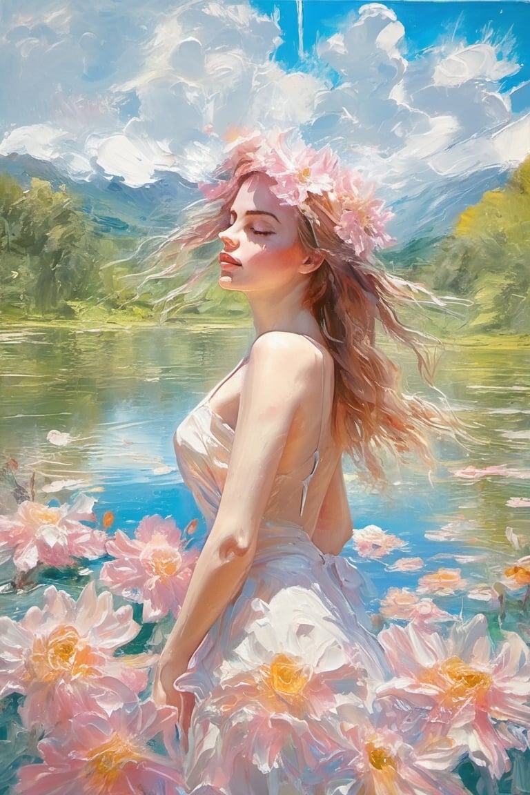 best quality,  extremely detailed,  HD,  8k, oil painting, 1 sexy girl, ((the flower lake)), (sexy wet top and skirt made of water) , ((sexy and wet)), top view, closeup, face up, (holy:1.25), dreamwave, (aesthetic:1.25), abstract (sharp:1.1), close eyes, art by sargent, naked shoulder, semi nude,ink scenery