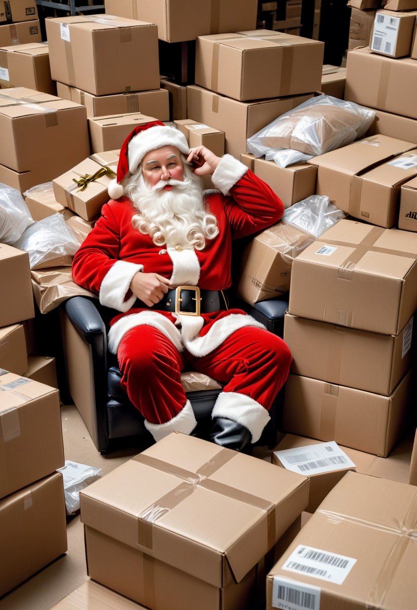 Photo a Santa Claus passed out from overwork at a warehouse, pile of amazon boxes, art by J.C. Leyendecker, Canon 5d Mark 4, Kodak Ektar