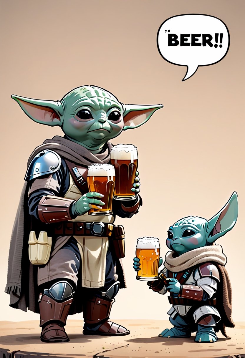 Grogu and the Mandalorian drinking beer ,  Comic strip speech bubble says "BEER!". 