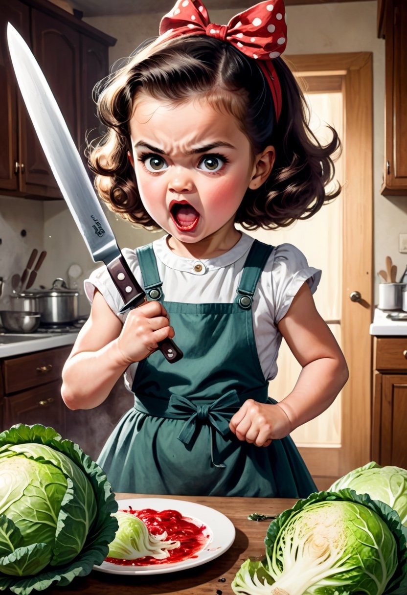 A baby girl 4 years old,  Fierce,  vintage,  2d,  pin-up,  ink,  watercolor,  mail art,  best quality,  kitchen room,  fierce cooking,  Comic strip speech bubble spells the word "FUCK". close up mad young Fierce housewife with big knife furiously attacks a head of cabbage