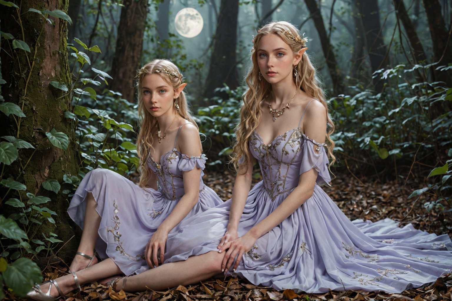 wide shot from above sitting, between the legs, arm at side, head tilt, (enchanting elf with long pointed ears) young woman, slender build, high elf, fair skin, golden eyes, wavy hair, wearing a soft lavender luxurious elven dress , satin ballet shoes with ethereal motifs, elven ear cuffs, moonstone ring, silver eyeliner, leaf-shaped brooch, set in an otherworldly enchanted forest, with glowing plants, magical creatures, and an enchanting ambiance , in the moonlight