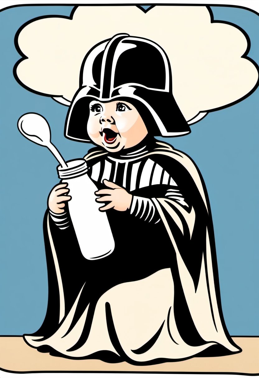 Photo of Baby wearing Darth Vader Helmet, sucking on a bottle of milk,  Comic strip speech bubble spells the word "MOMMY". 