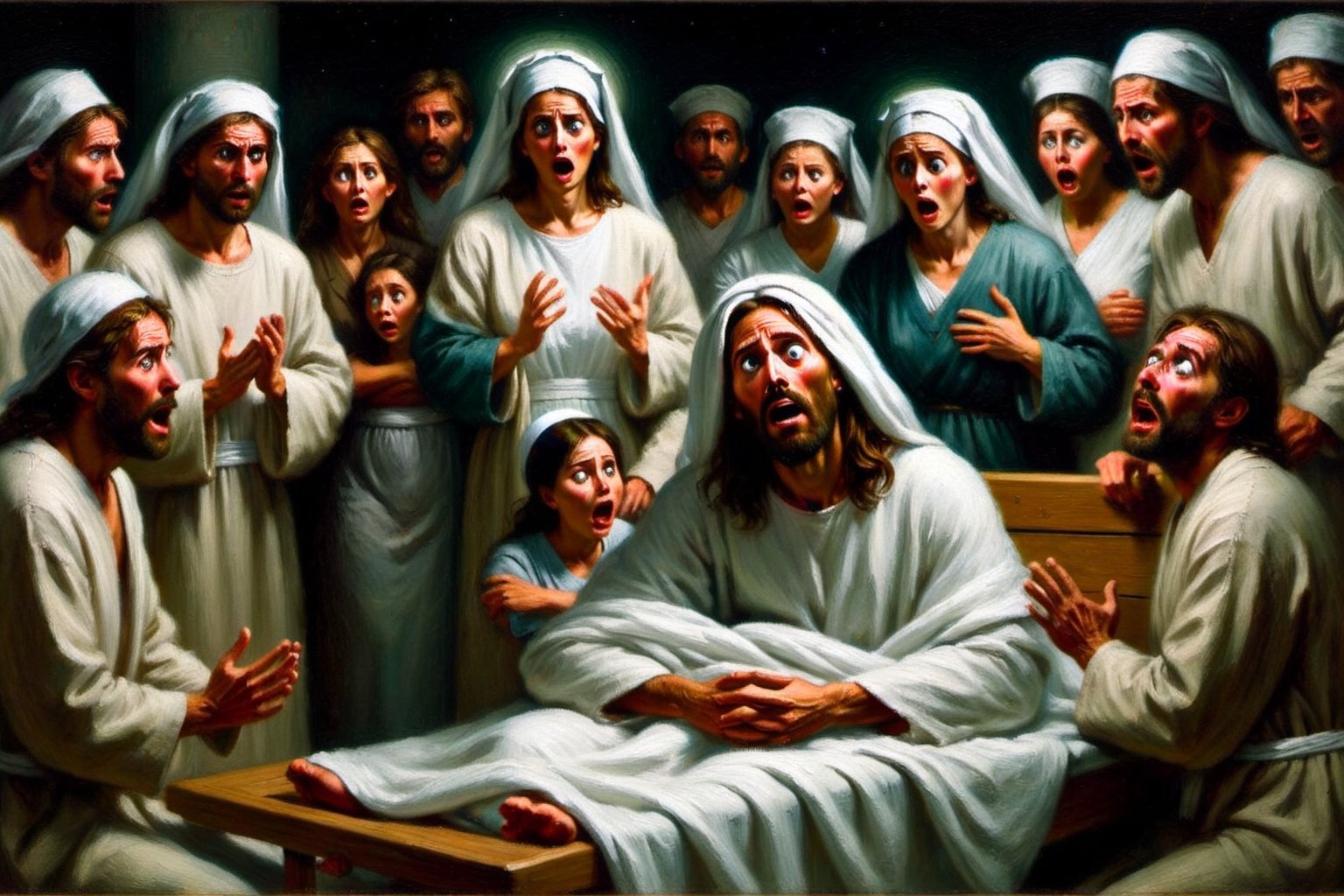 Jesus, wrapped in white linen, sitting up abruptly in a dimly lit hospital. His eyes are wide with surprise as those around him, doctor and nurses, with shocked and horrified expressions,oil painting