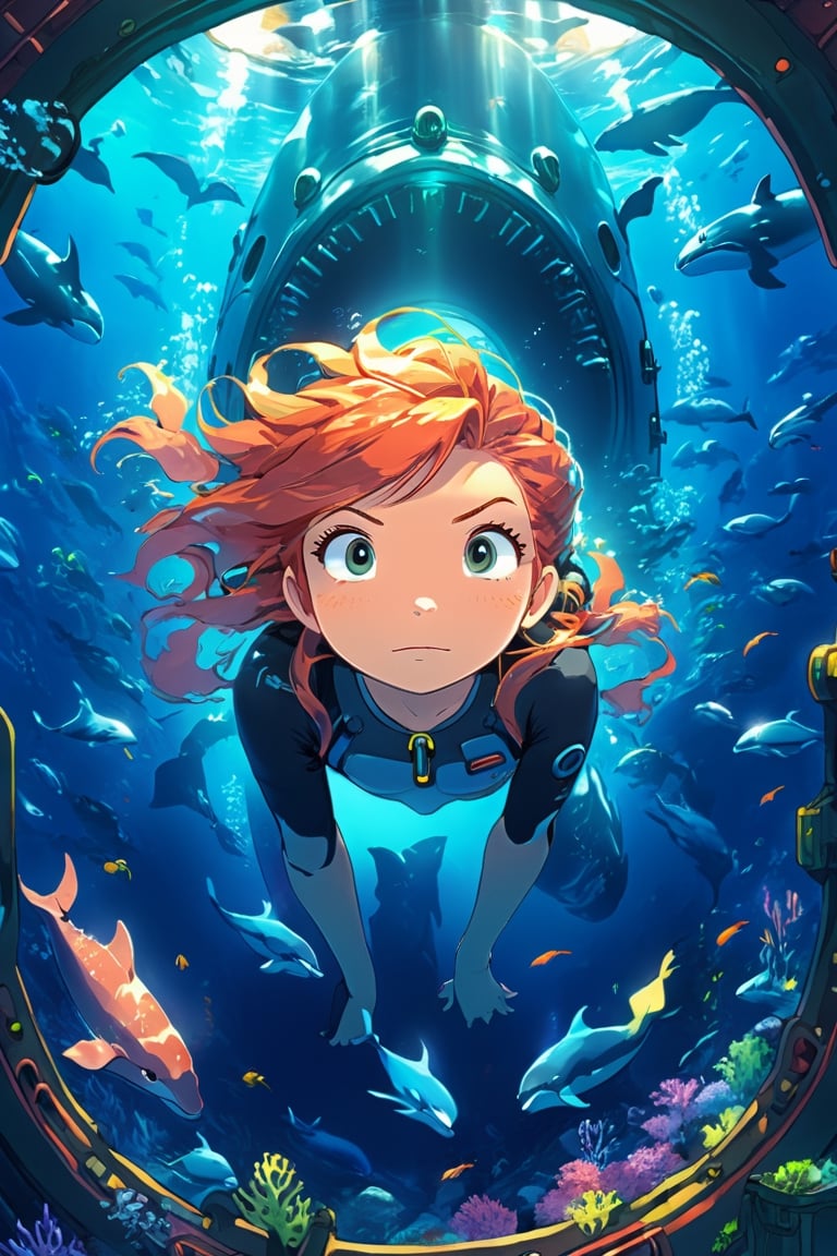 anime artwork, Woman, ginger hair, sitting beside a large port hole, inside a submarine, underwater scene, whales, anime style, key visual, vibrant, studio anime, highly detailed