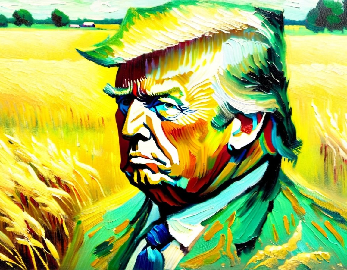 v0ng44g, p0rtr14t, soft blurry oil painting portriat of a close up shot of a (((Donald Trump by van Gogh))), farm field backdrop heavy brush strokes, by van Gogh