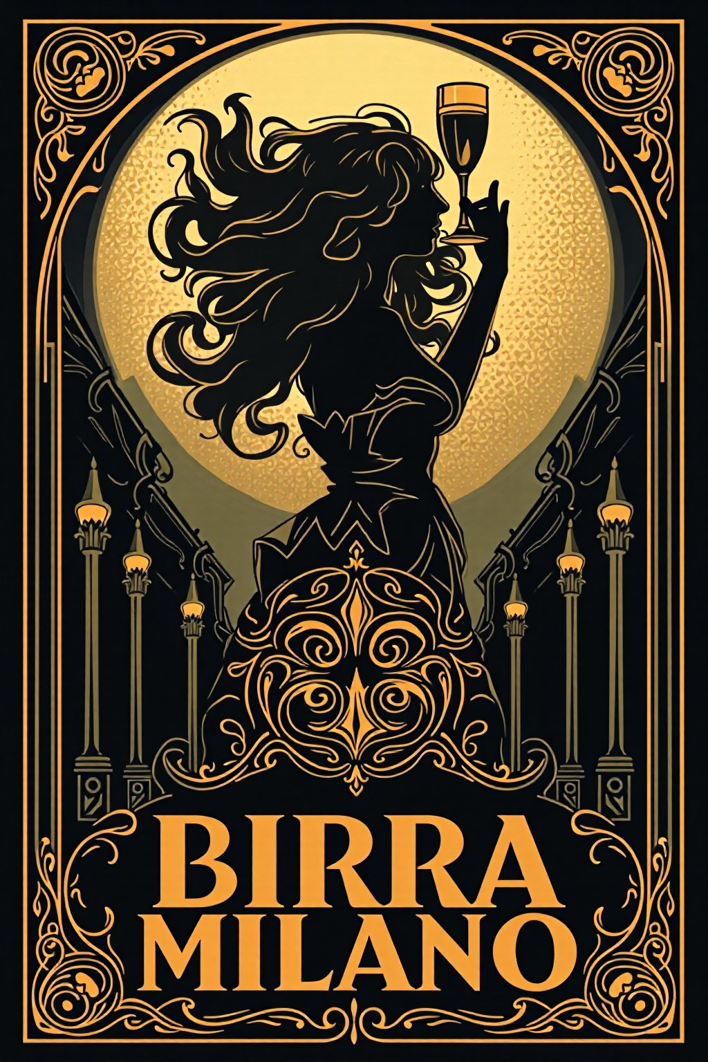 Create an image of an Art Nouveau style advertisement featuring a silhouette of a person with flowing hair holding up a glass, with intricate patterns and bold text "BIRRA MILANO" at the bottom, set against a dark background with ornate architectural structures.