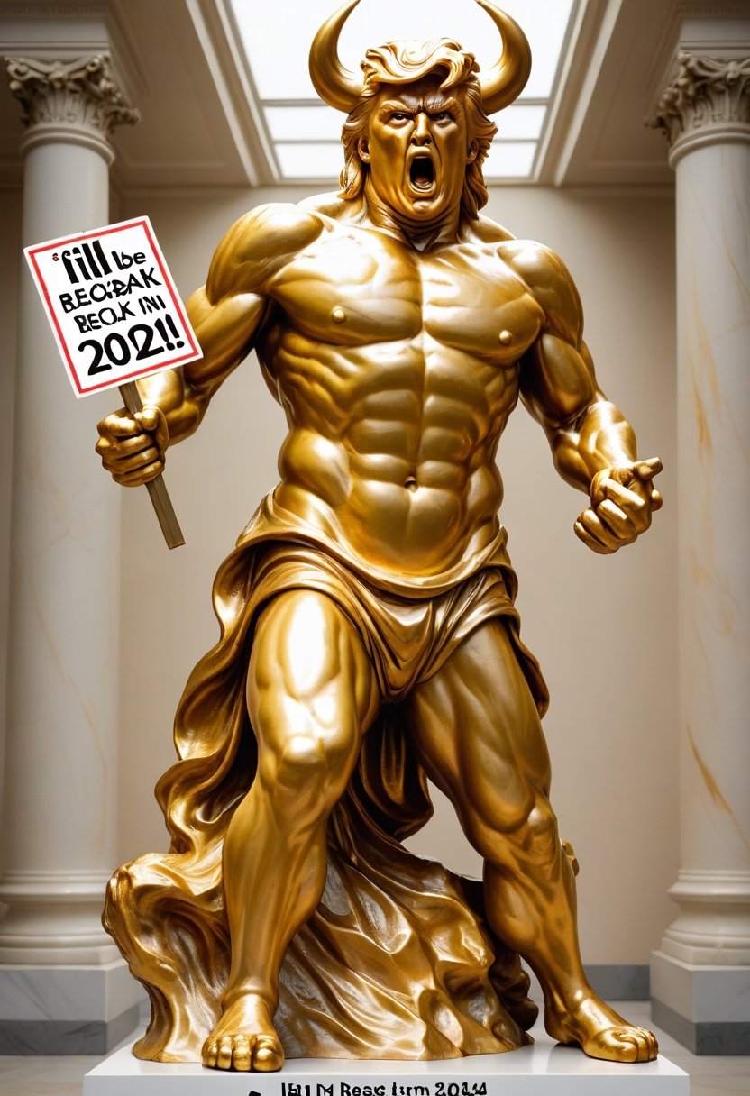 Photo of Golden Statue of Trump as a raging bull, holding sign "I'll be back in 2024", art by Rodin, text logo