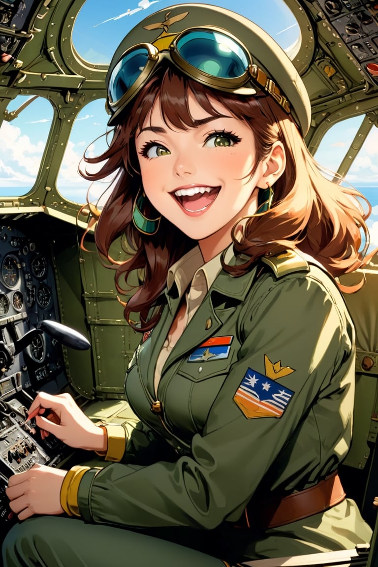 Anime Network, Female Pilot, laughing, bored expression, inside WW2 airplane cockpit, art by Masamune Shirow, art by J.C. Leyendecker . anime style, key visual, vibrant, studio anime