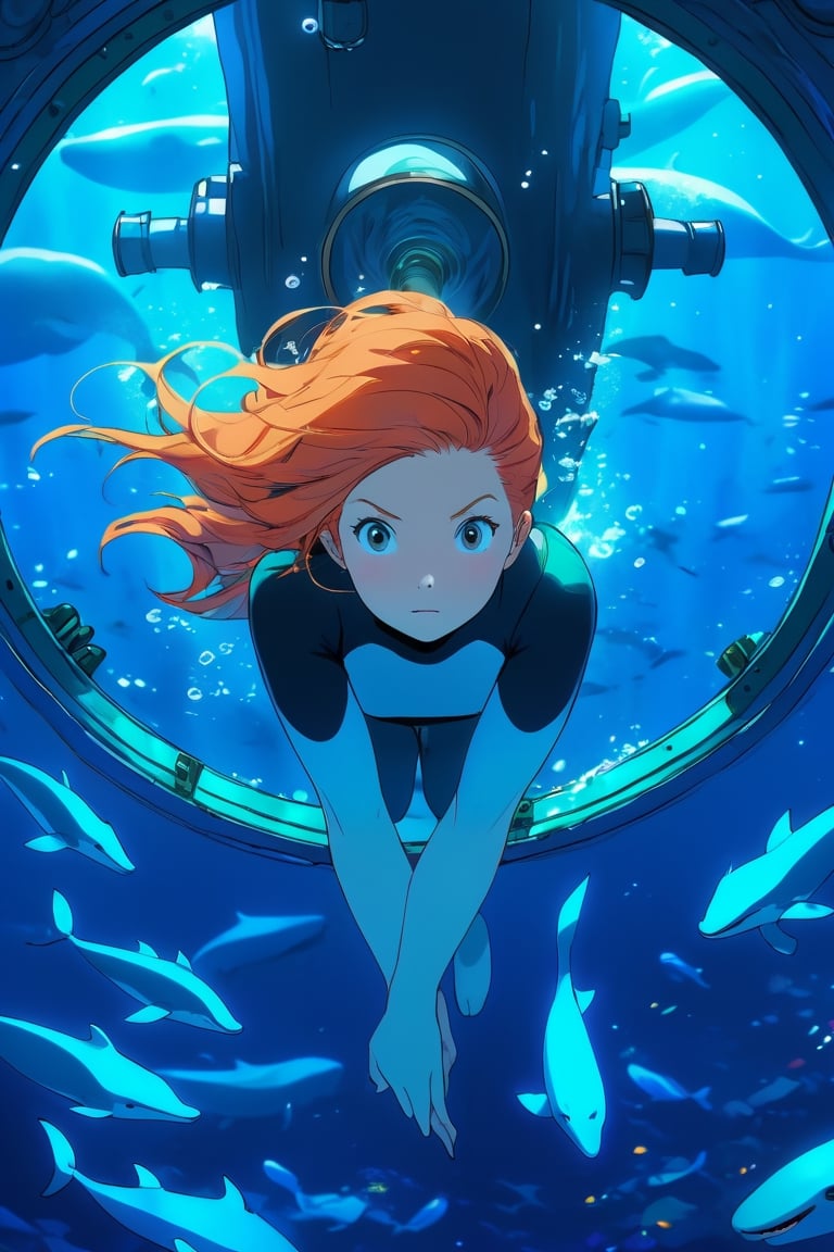 anime artwork, Woman, ginger hair, sitting beside a large port hole, inside a submarine, underwater scene, whales, anime style, key visual, vibrant, studio anime, highly detailed