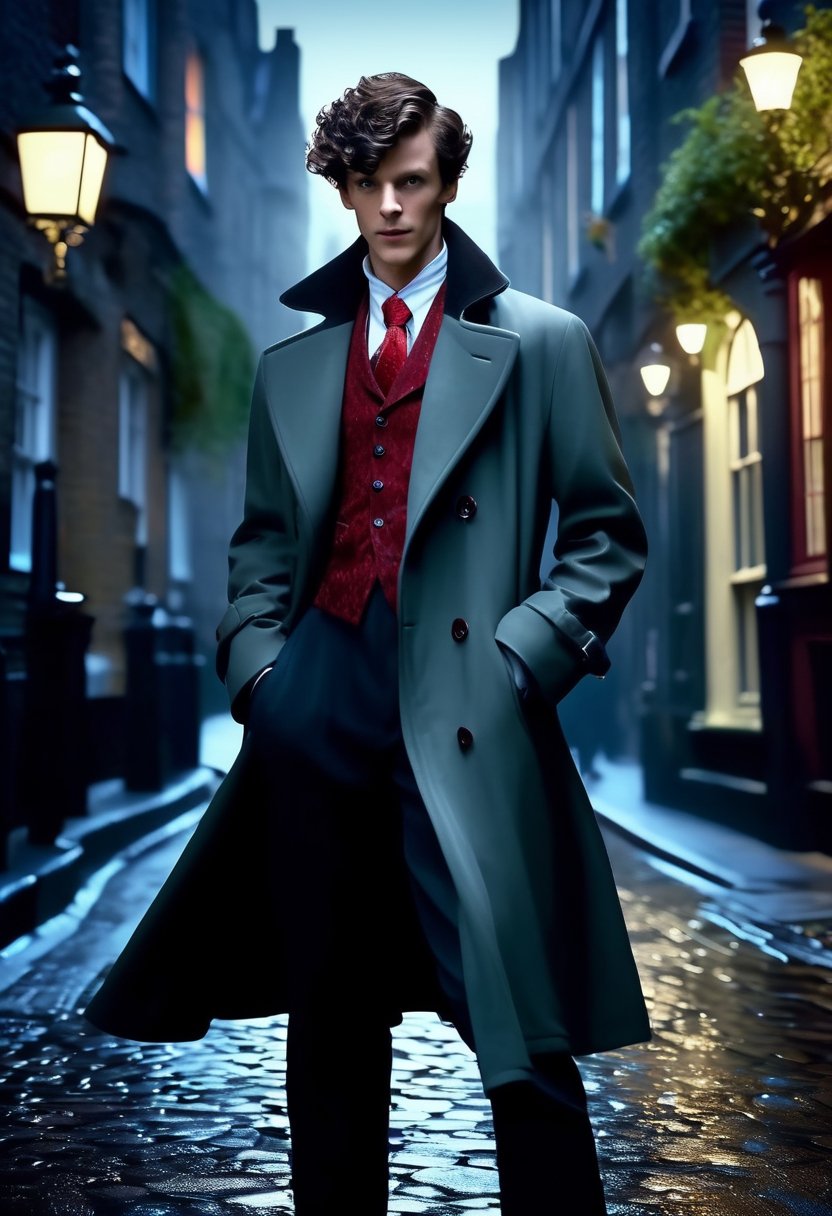 Full length portrait of a young Sherlock Holmes dressed as a stylish youngster, white wrinkled shirt, black leather pant, red tie, cool red footwear and over shoulder yellow vinyl jacket, short black hair, undercut hairstyle, the hedge detective that constantly snookers mystery at their own games, standing in the middle of a hyper detailed night lit London street, hyper-realistic, ultra-detailed, fine detail, magical, majestic, fantasy, cinematic lighting, cinematic render, cinematic ambience, backlighting, super-realistic, super-detailed, RTX on, Redshift render, dark tone