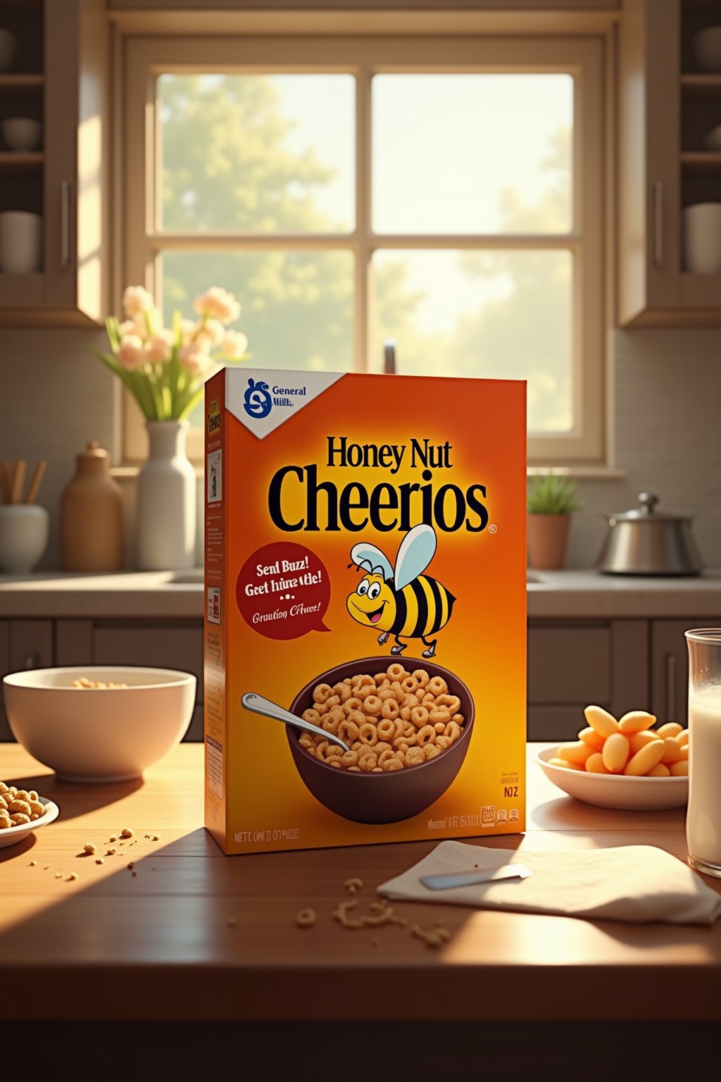 Create a realistic scene of a General Mills 'Honey Nut Cheerios' cereal box sitting on a kitchen table. The box is prominently displayed in the center of the table, featuring the iconic orange and yellow colors with the bee mascot and a bowl of Cheerios on the front. There is a speech bubbled that say 'Send Buzz!  Get Fluxed!-. The kitchen is warm and inviting, with sunlight streaming through a window in the background, casting a soft glow on the box. Around the box, there are breakfast items such as a bowl of cereal, a spoon, a glass of milk, and maybe a small vase of flowers, adding to the cozy atmosphere. The scene feels lived-in, with subtle details like crumbs on the table or a napkin, creating a homely, everyday morning moment.