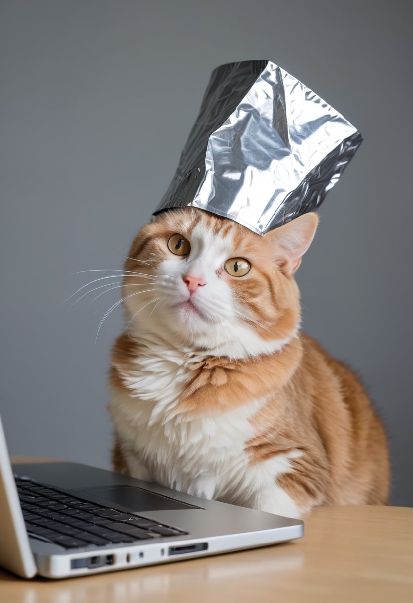 A cat wearing a tin foil hat, looking at a laptop screen.