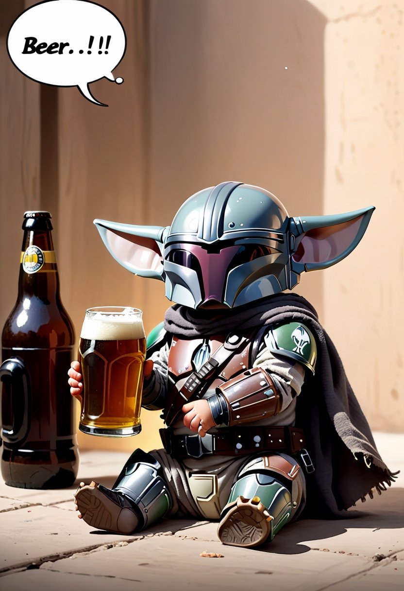 The Mandalorian as a Baby, drinking beer ,  Comic strip speech bubble says "BEER!". 