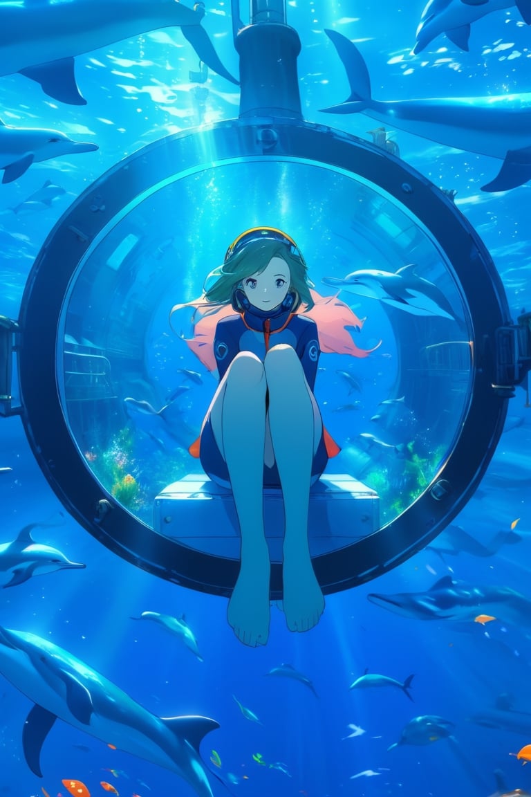 anime artwork, Woman, sitting beside a large port hole, inside a submarine, underwater scene, dolphins, anime style, key visual, vibrant, studio anime, highly detailed