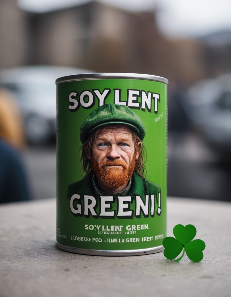 Photo of Canned Soup featuring a homeless Leprechaun with a sad expression, clutching a tiny, broken four-leaf clover. text logo "Soylent Green"