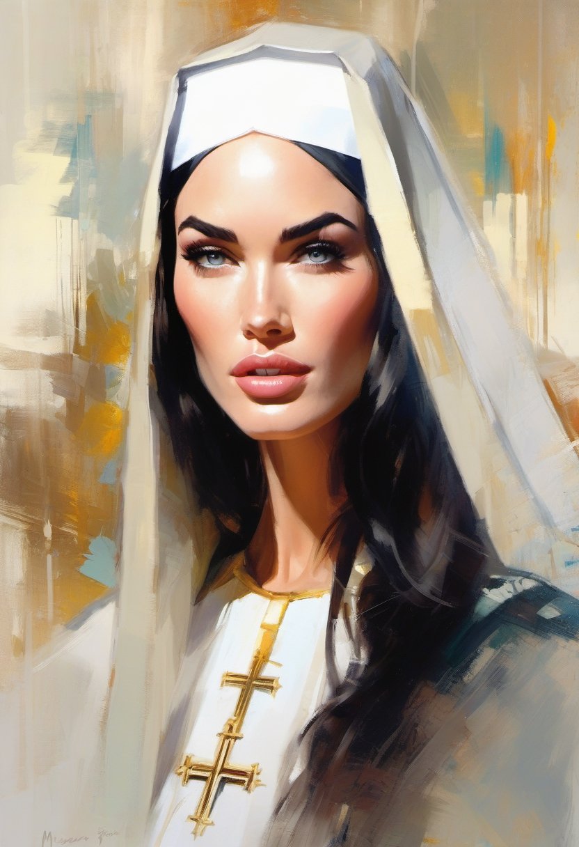 Oil painting, closeup portrait of Megan Fox dressed as a Catholic Nun, art by Jeremy Mann, art by Agenes Cecile, white background, heavy brushstrokes